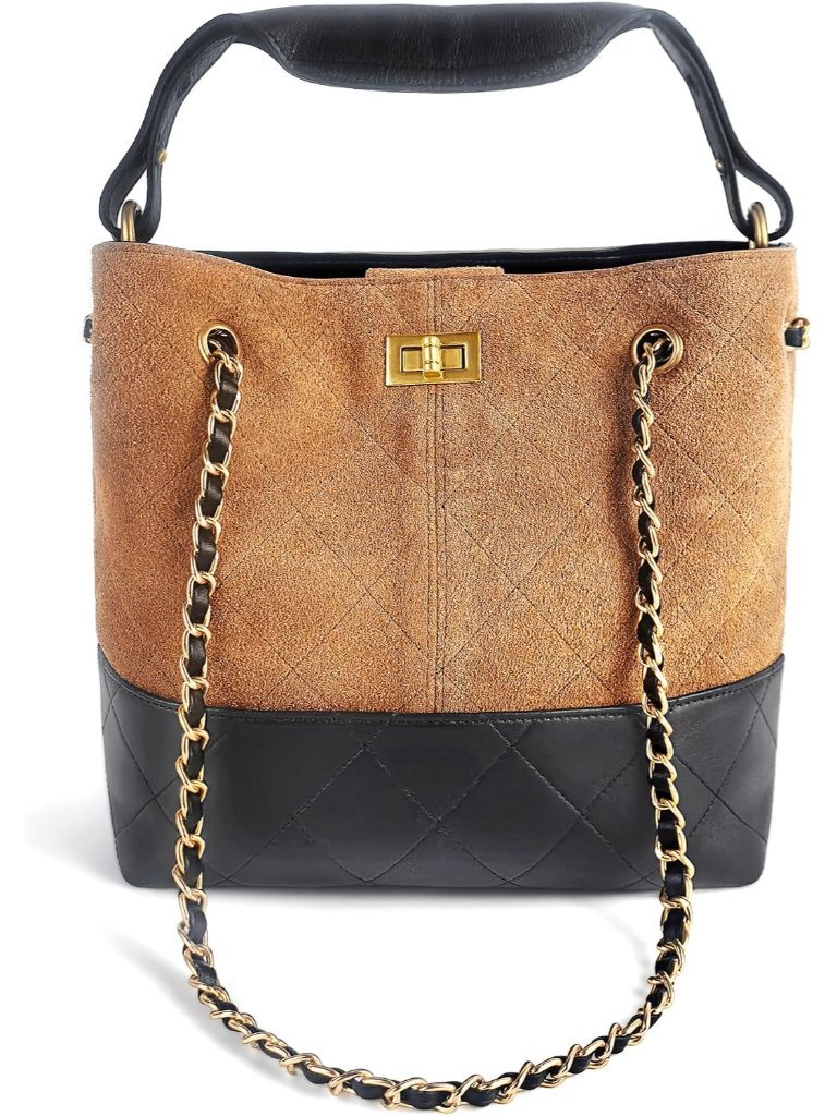 Women's Premium Retro Suede & Quilted Leather Hobo Bag Vintage Sheepskin Bucket